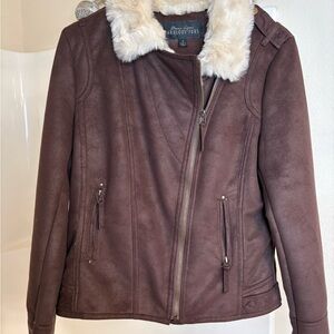 Fabulous Furs Chocolate Leather Jacket with Cream Faux Fur Collar